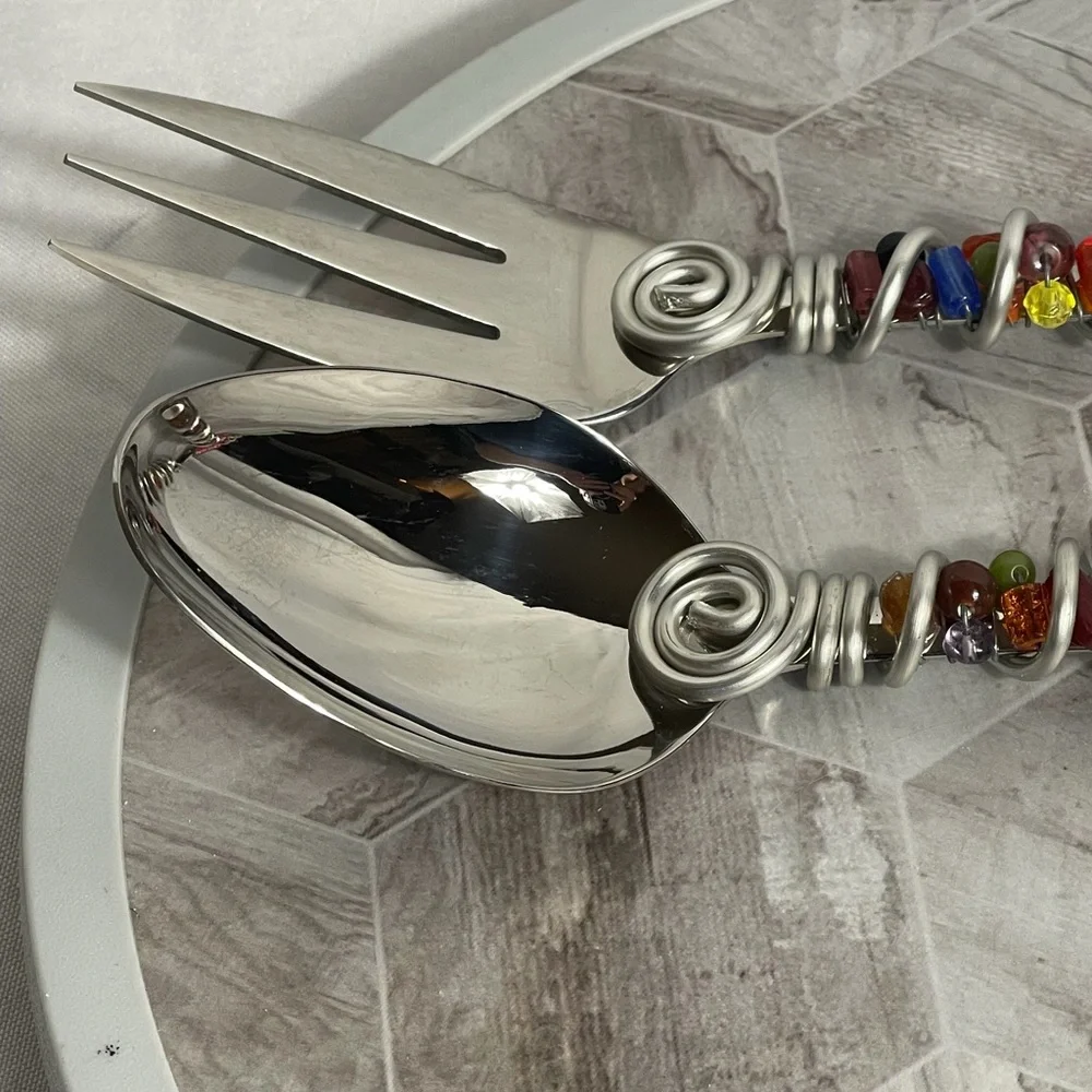 Vintage 1999 Oneida 18/8 Beaded Handle Serving Spoon Fork Set